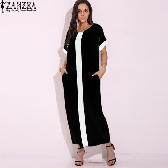2018 ZANZEA Women Short Sleeve Sundress Splice Patchwork Long Maxi Dress Evening Summer Party Shirt Dress Vestido Plus Size