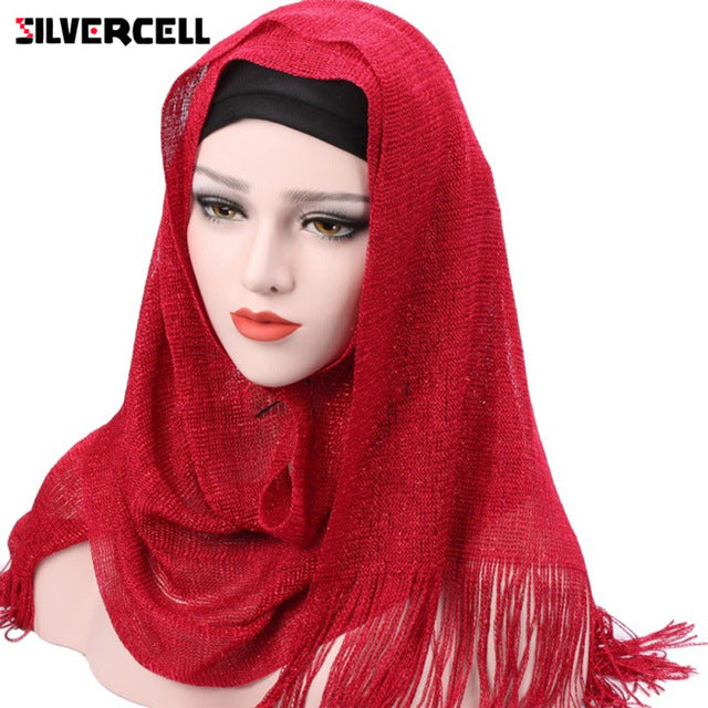 Muslim Hijab Fashion Tassel Headscarf Turban Women Head Coverings Gold Thread Hoofddoek Scarves 100 *50CM T6