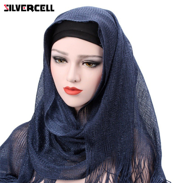 Muslim Hijab Fashion Tassel Headscarf Turban Women Head Coverings Gold Thread Hoofddoek Scarves 100 *50CM T6
