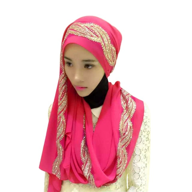 Women Hijabs Colorful Muslim Golden Fringe Embroidery Floral Caps Hijab Islamic Full Cover Scarf Hats Chiffon Hijabs 11 Style T6