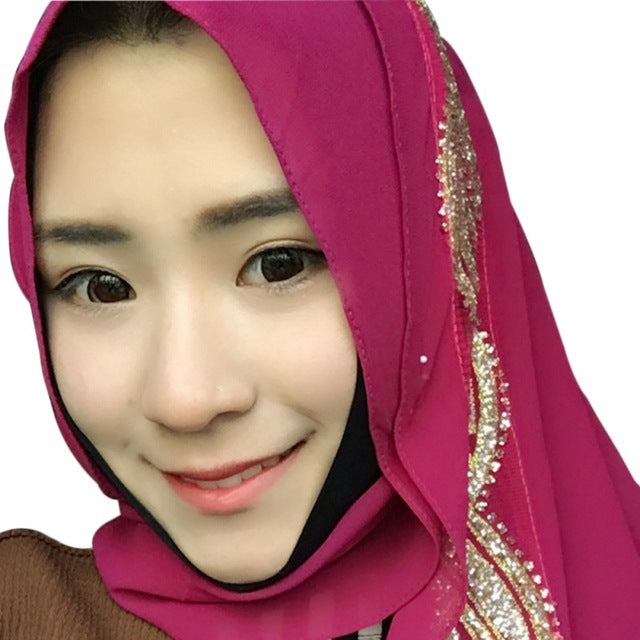Women Hijabs Colorful Muslim Golden Fringe Embroidery Floral Caps Hijab Islamic Full Cover Scarf Hats Chiffon Hijabs 11 Style T6