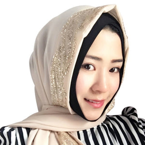 Women Hijabs Colorful Muslim Golden Fringe Embroidery Floral Caps Hijab Islamic Full Cover Scarf Hats Chiffon Hijabs 11 Style T6