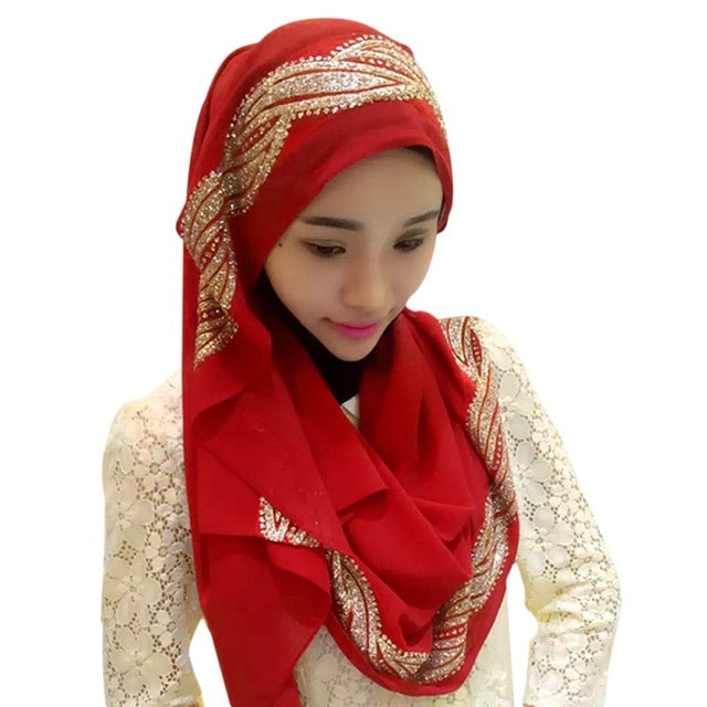 Women Hijabs Colorful Muslim Golden Fringe Embroidery Floral Caps Hijab Islamic Full Cover Scarf Hats Chiffon Hijabs 11 Style T6